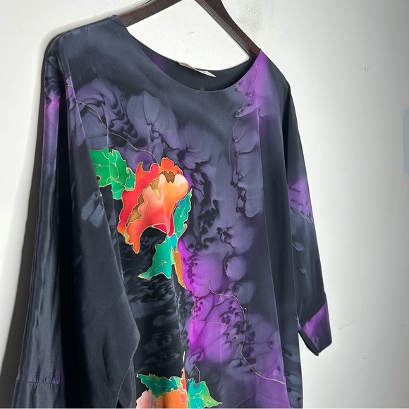 Lahja Hand Painted Silk Top Black Floral Print - Picture 4 of 8